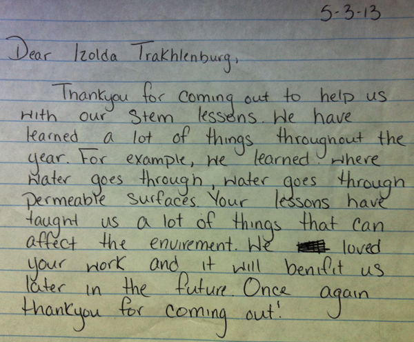 Student letter thanking Izolda.