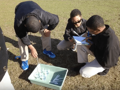 Students conducting experiment outdoors